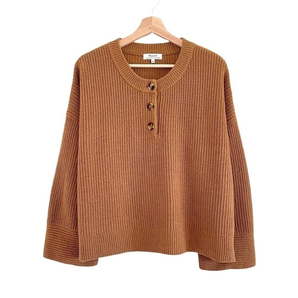 NEW Madewell (Re)sourced Cashmere Ribbed Henley Sweater Honey Chestnut Large - Picture 5 of 16